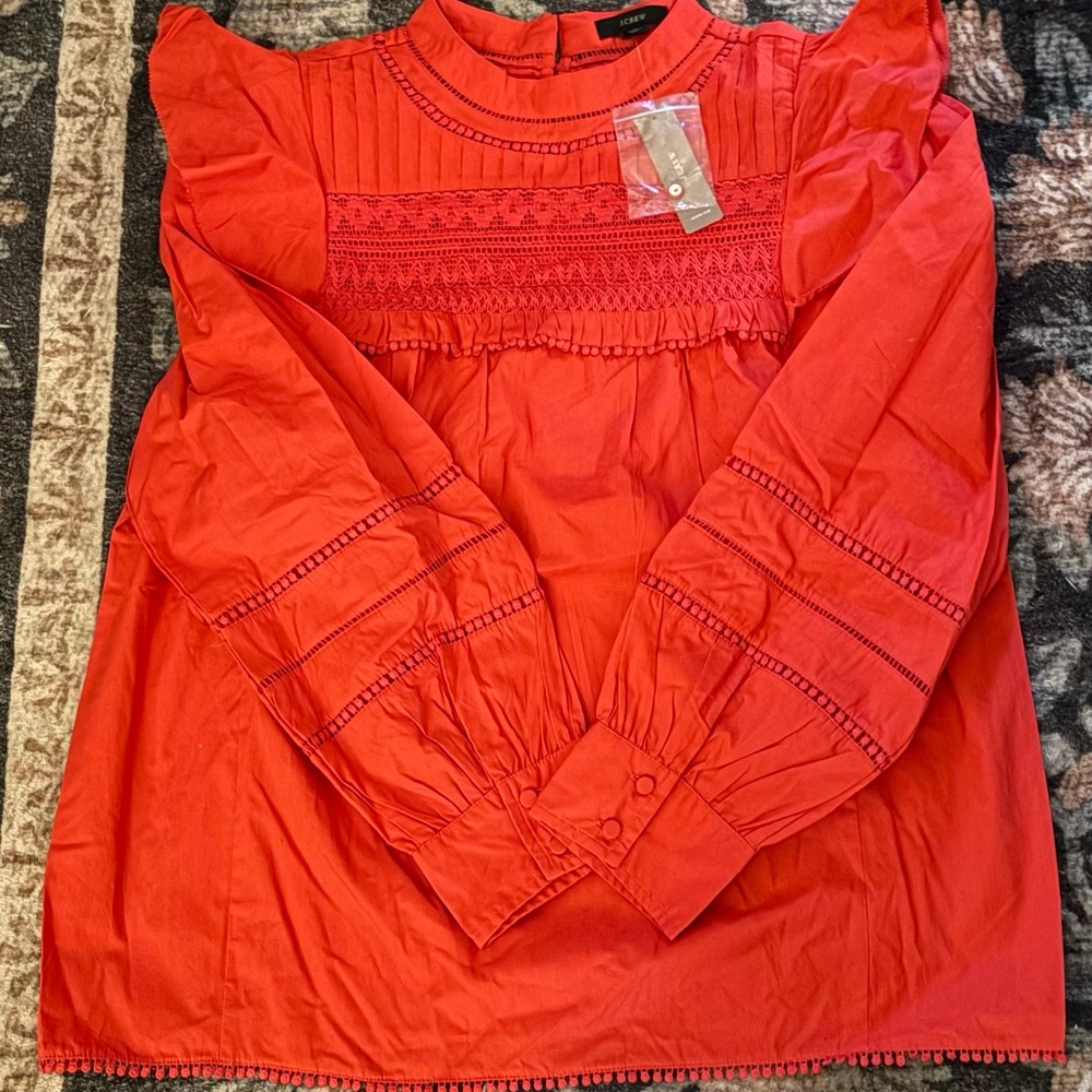J. Crew Vibrant Red Blouse with Lace Details